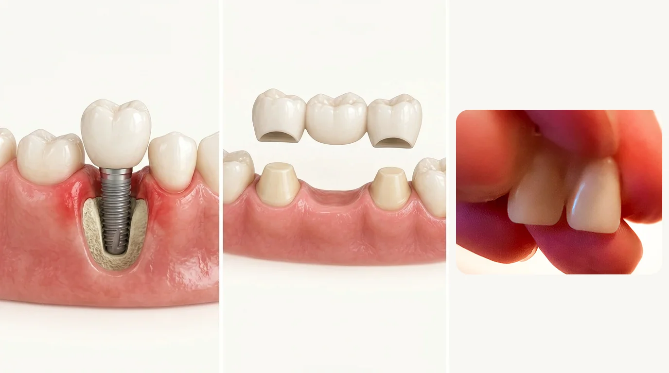Comparația intervențiilor: 1. Implant chirurgical în os, 2. Șlefuirea dinților vecini sănătoși pentru o punte, 3. Dinți Denticor reali – fără frezare și fără șlefuire