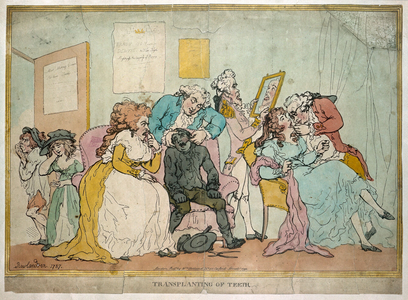 Ilustrație de epocă a lui Thomas Rowlandson, intitulată „Transplanting of teeth”, din 1787