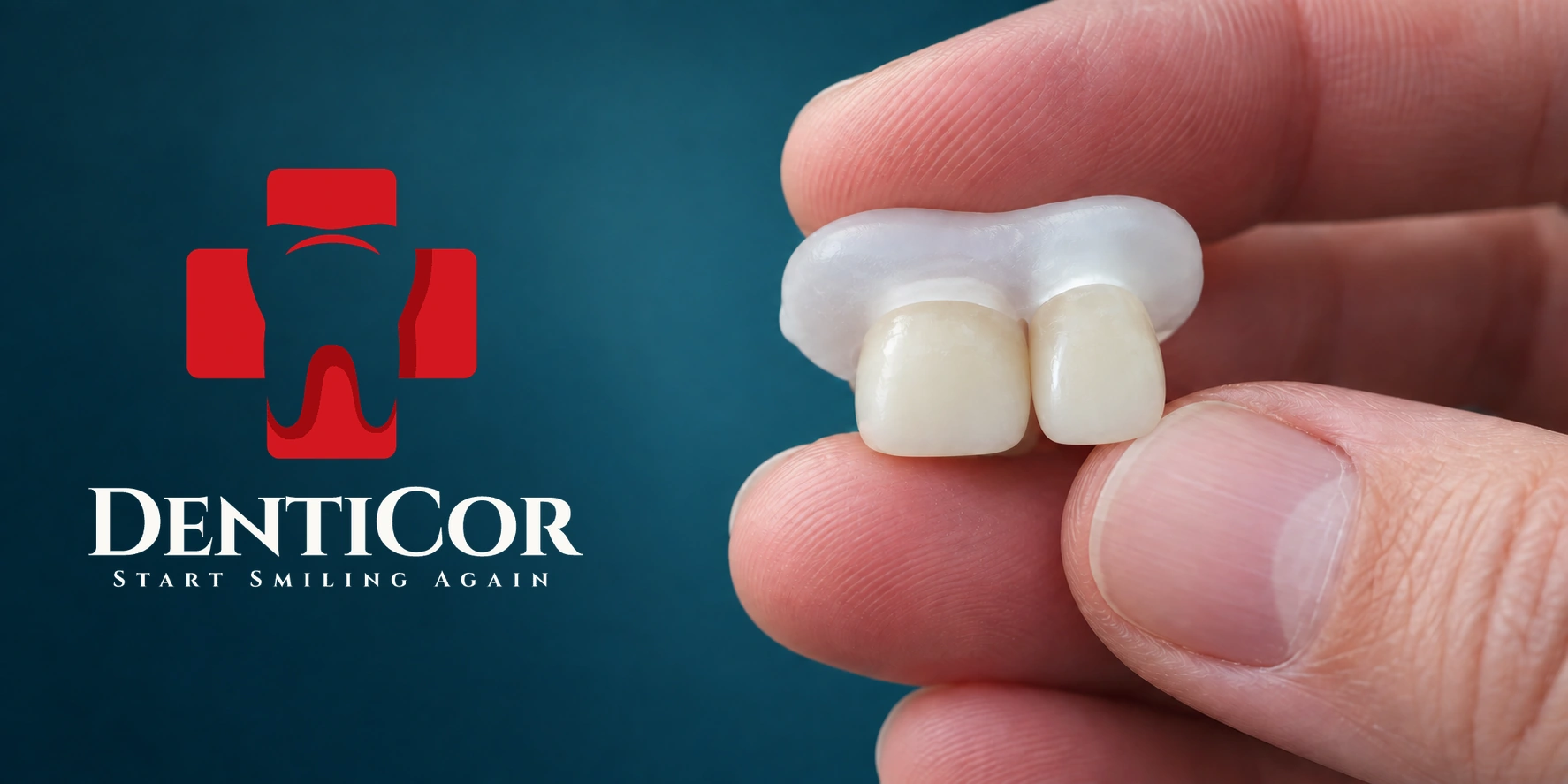 Exemplu cu două coroane Denticor unite cu DentiFlex, ținute între degete