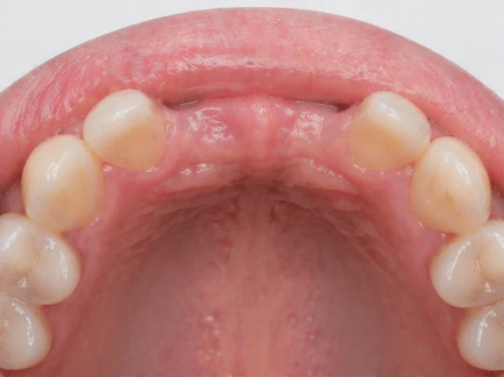 Denticor pentru cei doi incisivi centrali superiori – vedere din spate de la nivelul palatului: forma punții și așezarea în spatele dinților noi