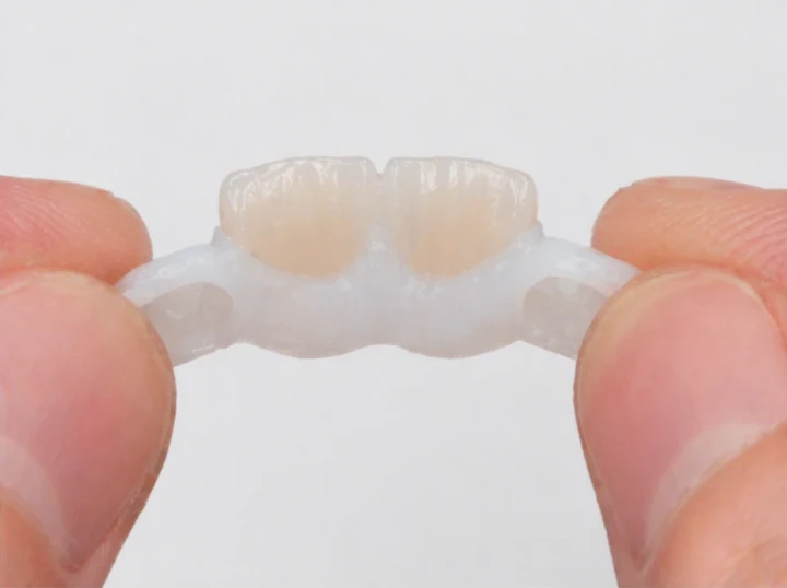 Denticor pentru cei doi incisivi centrali superiori – vedere din spate de la nivelul palatului: forma punții și așezarea în spatele dinților noi
