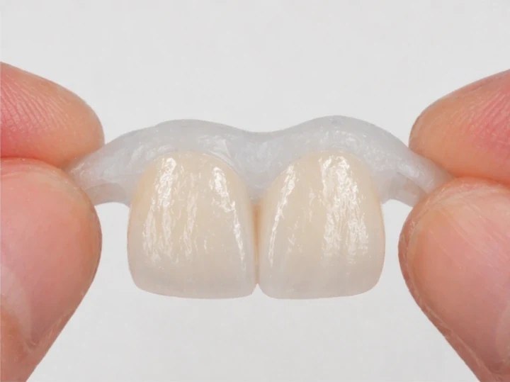 Denticor pentru cei doi incisivi centrali superiori – vedere din față: spațiu liber, proteză pregătită, inserare și rezultat