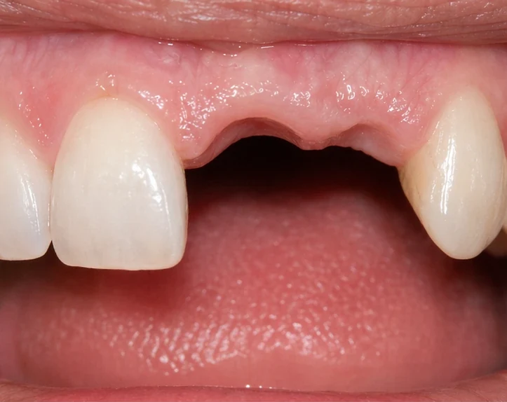 Denticor pentru incisivul central superior și cel lateral – vedere din față: spațiu liber, proteză pregătită, inserare și rezultat