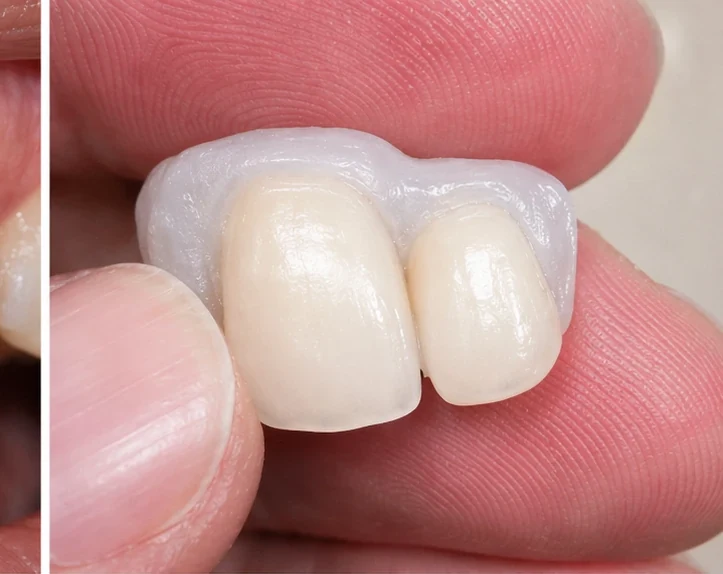 Denticor pentru incisivul central superior și cel lateral – vedere din față: spațiu liber, proteză pregătită, inserare și rezultat