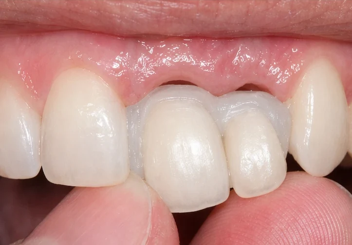 Denticor pentru incisivul central superior și cel lateral – vedere din față: spațiu liber, proteză pregătită, inserare și rezultat