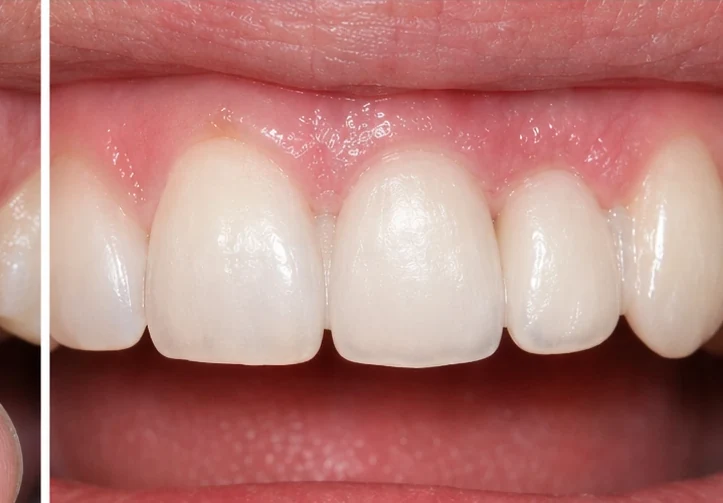 Denticor pentru incisivul central superior și cel lateral – vedere din față: spațiu liber, proteză pregătită, inserare și rezultat